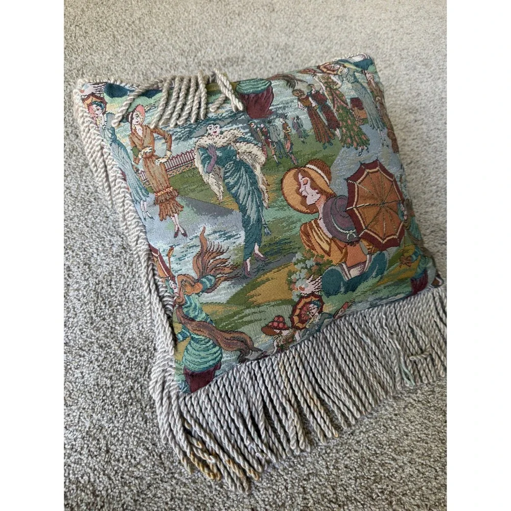 Vintage Victorian Tapestry Throw‎ Pillow with Fringe Ladies in Garden Scene